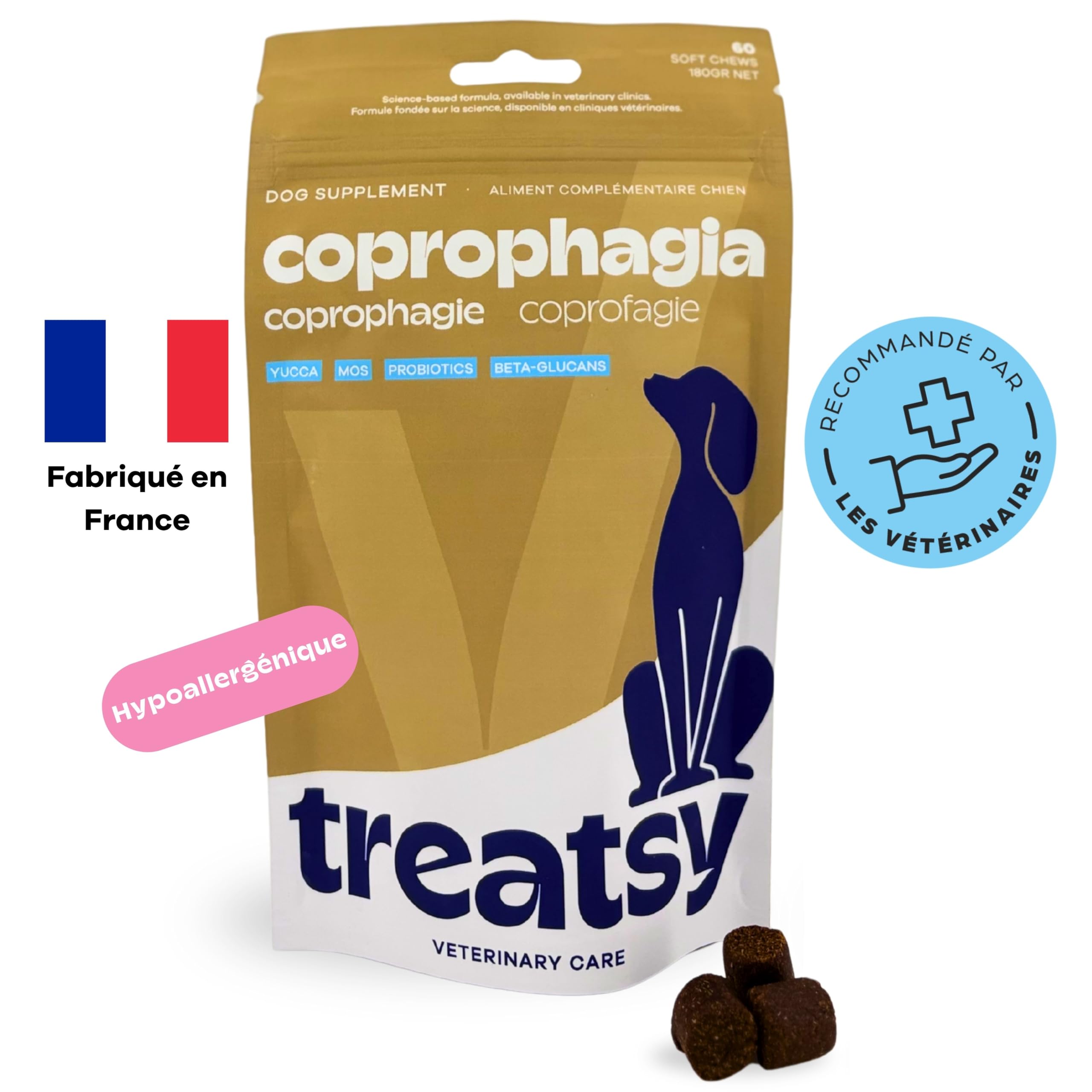 Coprophagie Chien – Complément Vétérinaire Contre l’Ingestion de Ses Propres selles – Yucca, Probiotique Enterococcus faecium, MOS & Bêta-Glucanes – 60 Bouchées Vétérinaire