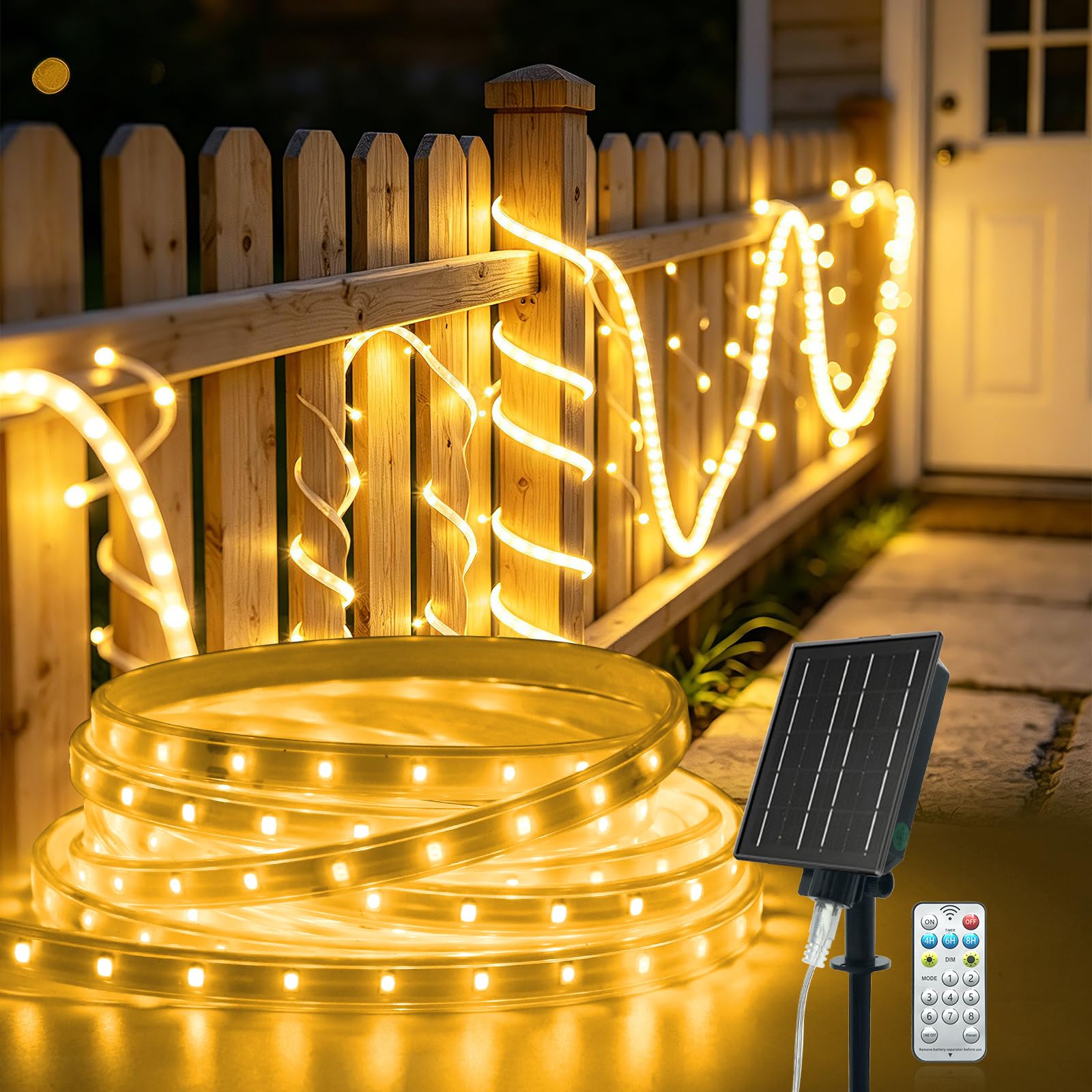 5V Ruban LED Solaire Extérieur, 2835 64 LEDs/m IP65 Étanche Lumineuse Solaires Bandeau LED Light Strip avec 8 Modes pour Cour extérieure, jardin, décoration de fête (Blanc chaud, 20M)