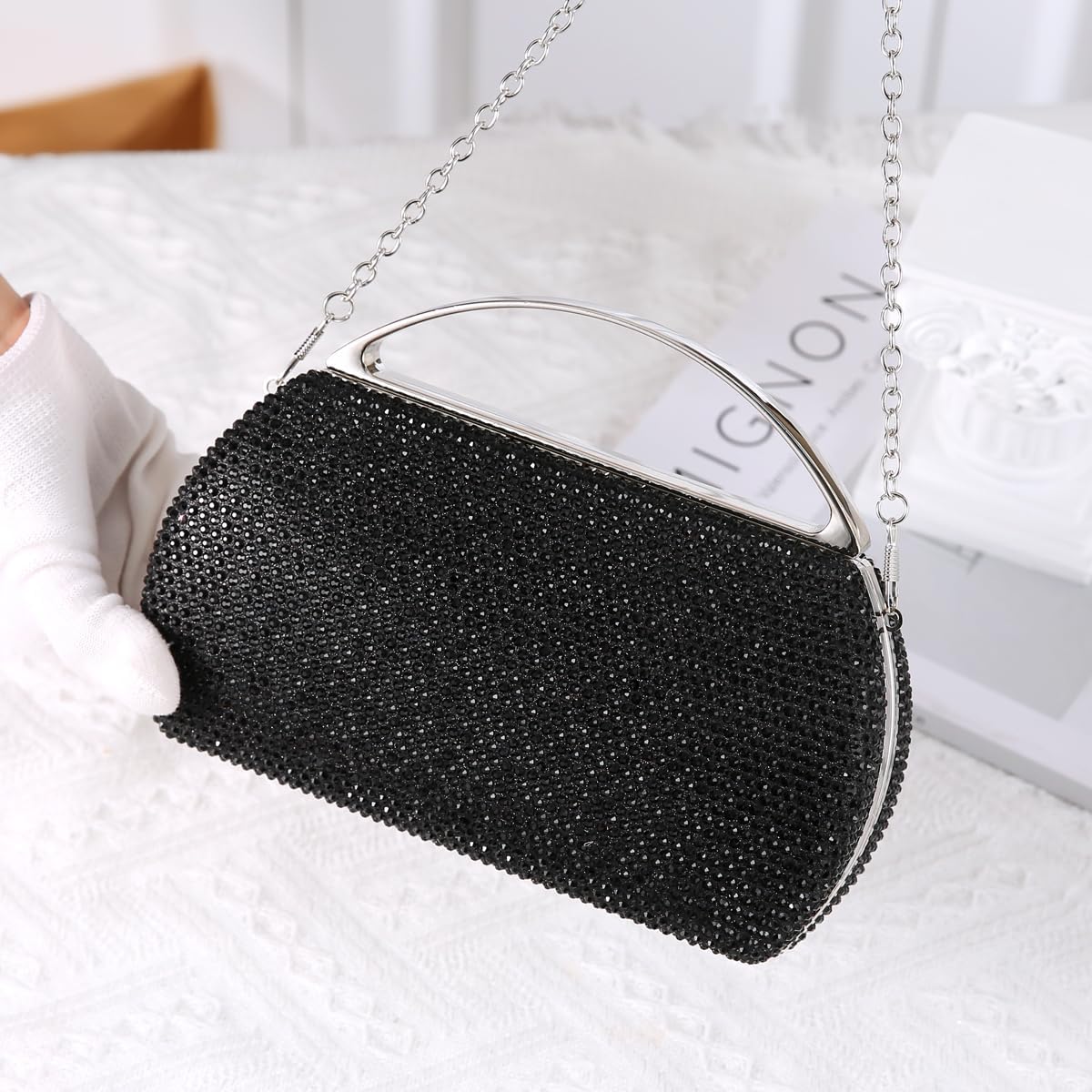 Women's Fashion Top Handle Rhinestone Beaded Evening Bag Clutch Handbag - Image 2