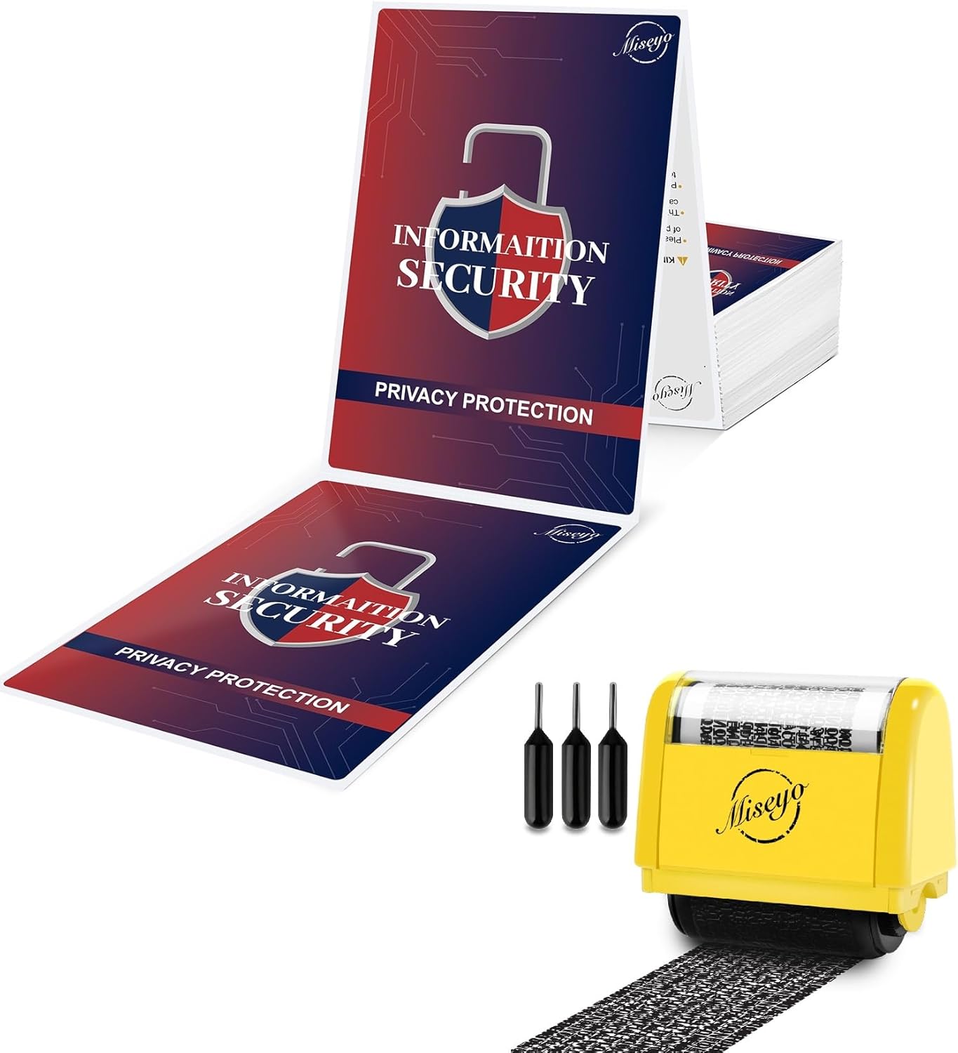 Miseyo Wide Identity Theft Protection Roller Stamp Set - Yellow(3 Refill Ink Included) with Privacy Protection Sticker for Postage Shipping Label 50 Pcs