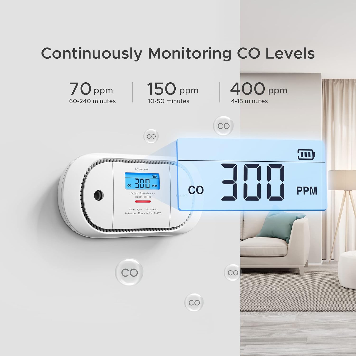 X-Sense XC01-R Ionization Sensor Carbon Monoxide Detector Alarm, 1 Pack