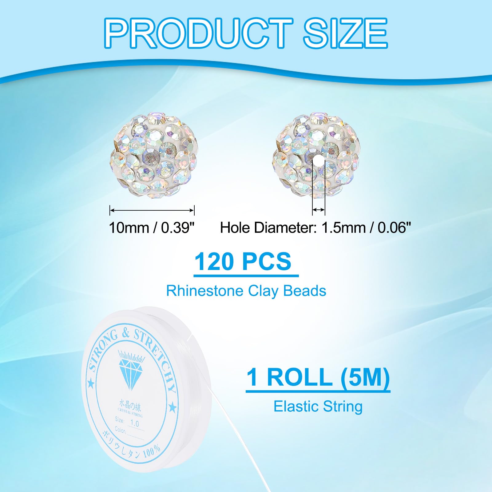 PATIKIL 10mm Rhinestone Clay Beads for Jewelry Making 120 Pack Round Ball Polymer Clay Crystal Charm Beads with Elastic String for Craft Decor Necklace Chain Bracelets DIY Colorful White - Image 2