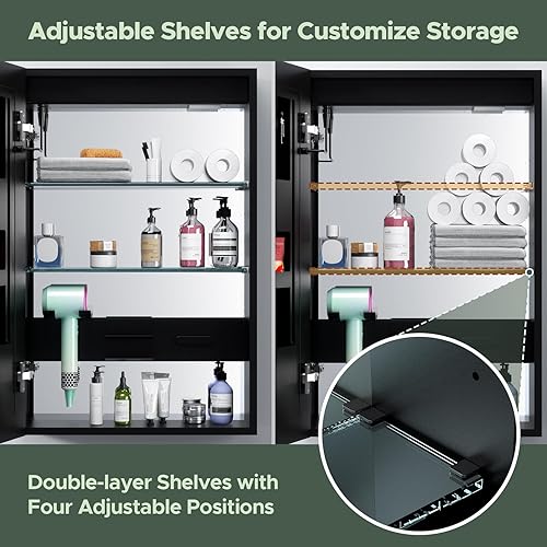 Miniatura 4 de Botiquín iluminado para baño, armario de espejo de baño de 20 x 30 pulgadas para almacenamiento de cosméticos, botiquín LED con 2 salidas, lupa 3X,