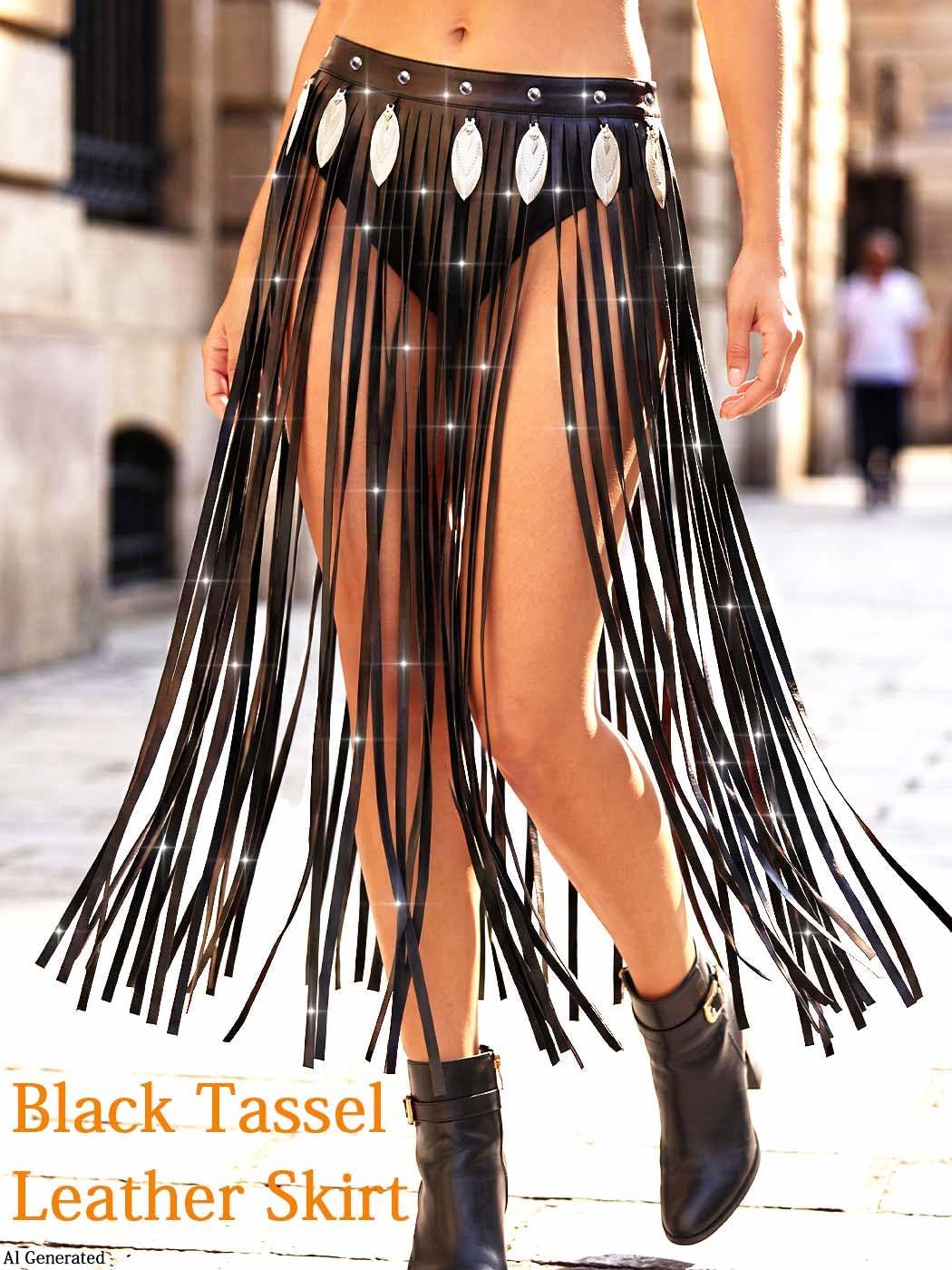 Black Tassel Leather Skirt Fringe Long Goth Skirts for Women