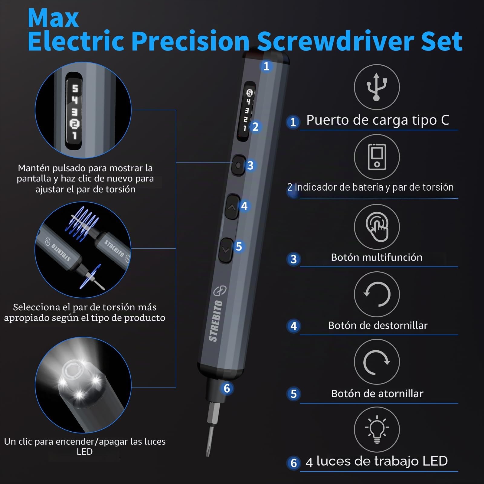 STREBITO Juego de mini destornilladores eléctricos, kit de destornilladores eléctricos pequeños 70 en 1 máximo con luces, 5 par mejorado, 64 puntas magnéticas, destornillador eléctrico de precisión