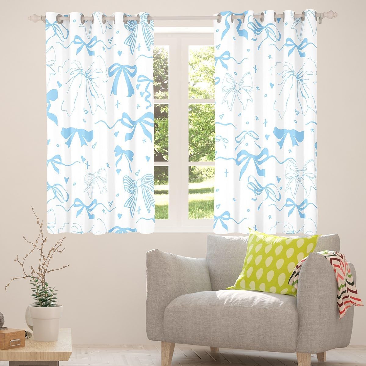 jejeloiu Blue Bowknot Curtains Dreamy Princess Style Window Drapes Treatments for Kids Girls Girly Kawaii Bow Window Drapes Fairy Tale Theme Window Treatments, 38W X 45L,2 Panels,Blackout