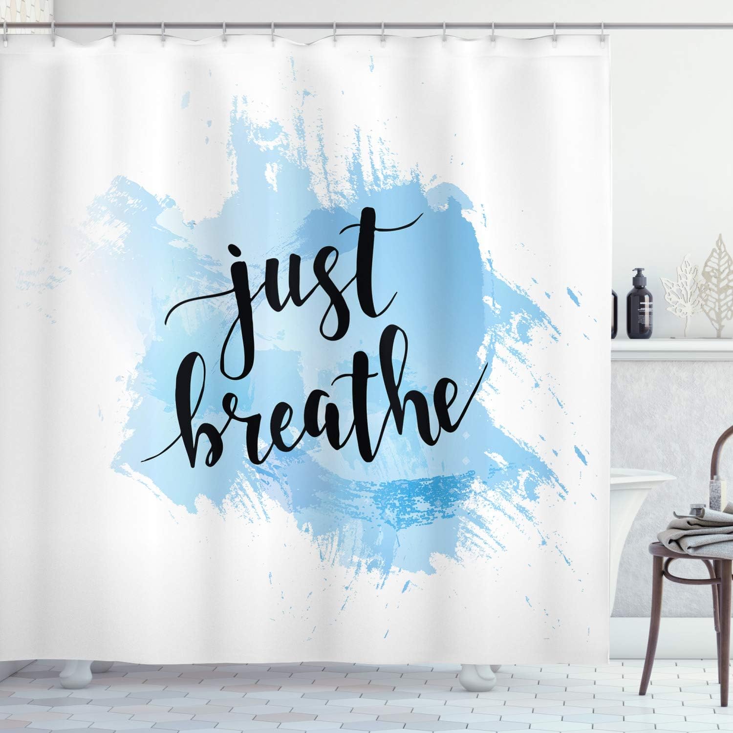 Ambesonne Just Breathe Shower Curtain, Hand Writing Style Phrase on Pale Blue Grungy Brushstrokes Backdrop, Cloth Fabric Bathroom Decor Set with Hooks, 69" W x 84" L, Pale Blue Black White