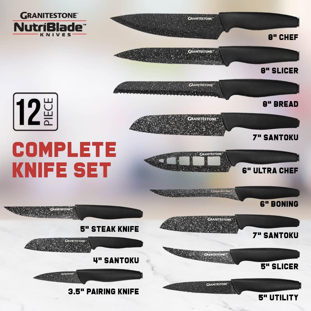 Nutriblade 12 Piece Knife Set with Block by Granitestone High-Grade Professional Chef Knife, Santoku Knives, Kitchen Knife with Easy-Grip Handles Stainless Steel Blades Dishwasher-Safe As Seen On TV