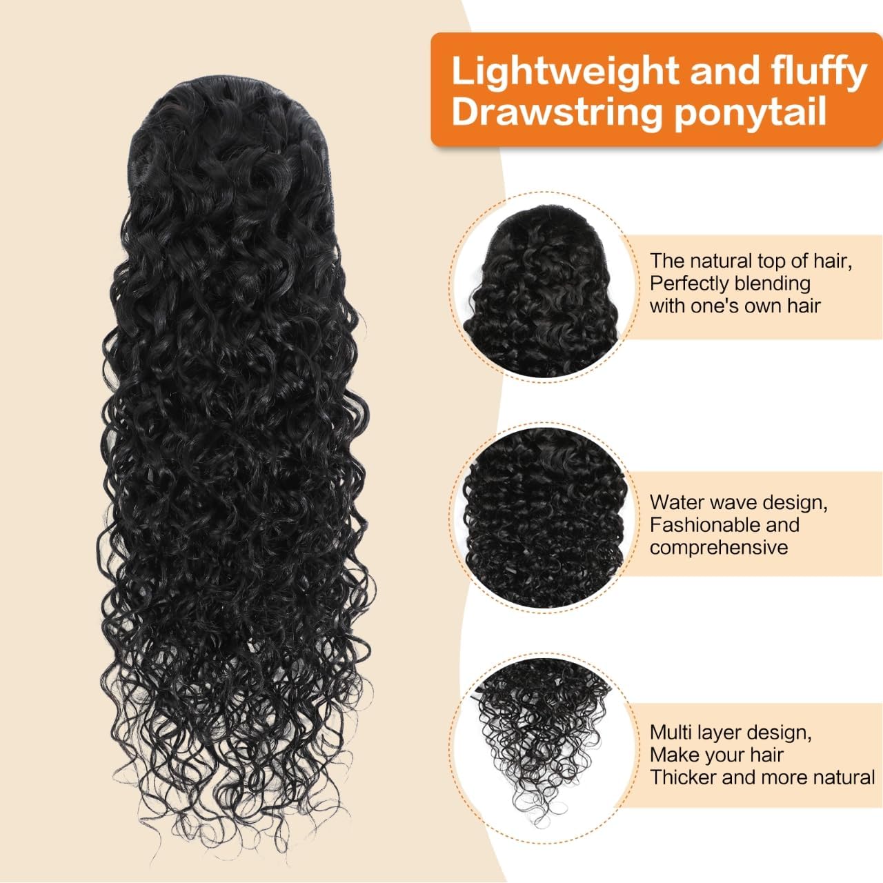Curly Ponytail Extensions Water Wave Drawstring Ponytail For Black Women Human Hair Ponytail Natural Black Hairpiece 24inch(1B)