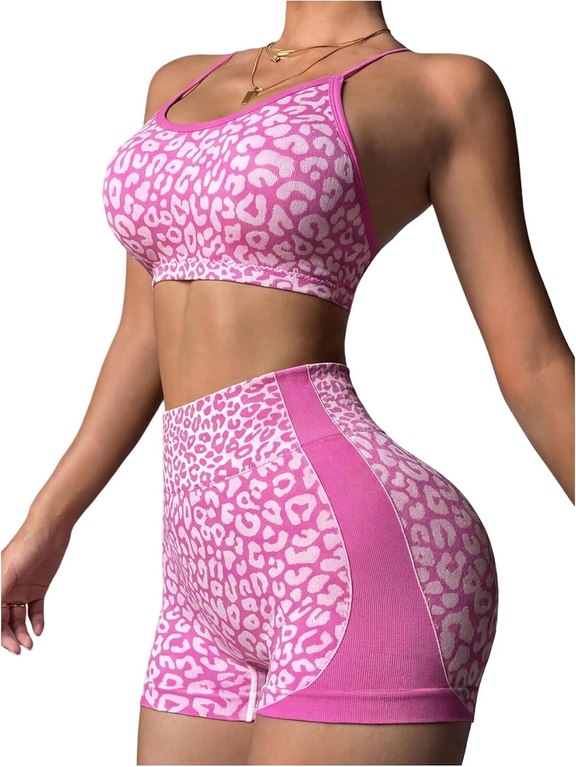Verdusa Women's 2 Piece Workout Gym Sets Leopard Bras with Shorts Active Wear Pilates Outfits