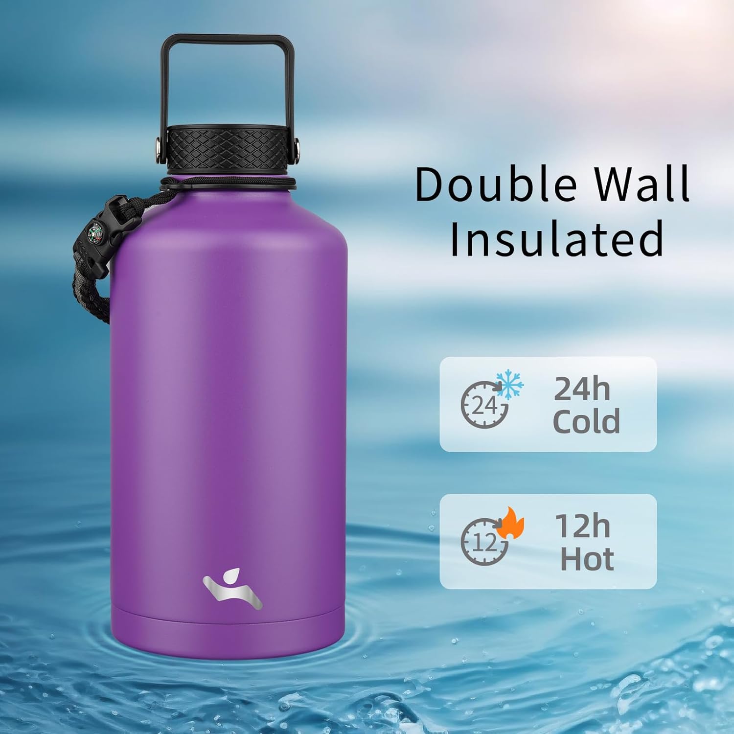 Insulated Water Bottle with Straw,87 oz 3 Lids Water Jug with Carrying Bag,Paracord Handle,Double Wall Vacuum Stainless Steel Metal Flask,Purple - Image 2