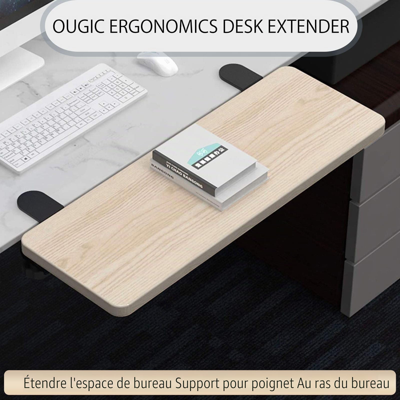 OUGIC Plateau d'extension de bureau ergonomique de 55 x 24 cm, pince anti-perforation, plateau pliable pour clavier, repose-poignet d'ordinateur, support de coude pour