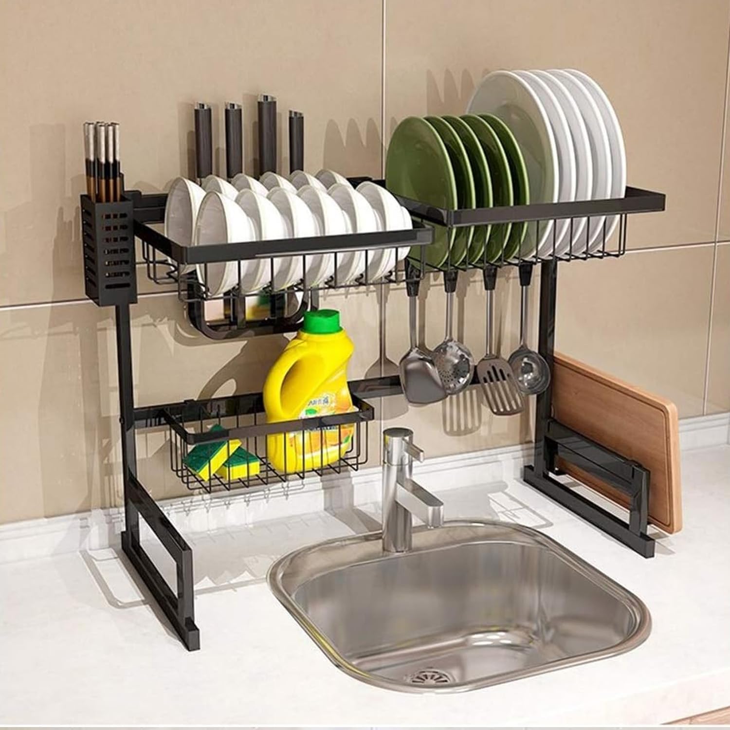 Avilia Organizador para Fregadero con 5 Compartimentos – Escurridor de 2 Niveles con Ganchos para Tazas, de Metal, 8 x 51,5 x 30 cm, Negro