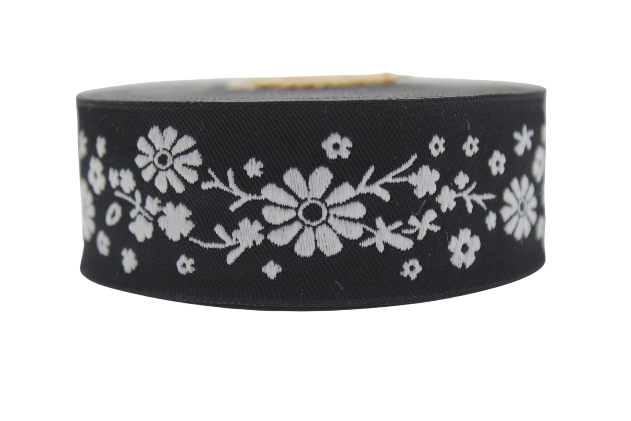 Ruban jacquard floral noir et blanc 3,5 cm galon couture bobine 9,9 m 35309