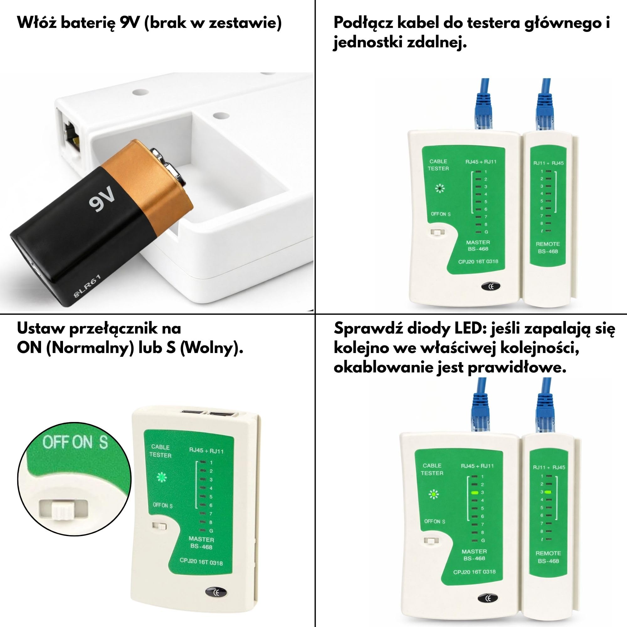 Incutex Tester Kabli Sieciowych RJ11 RJ12 RJ45 ISDN LAN Kabel Sieciowy, Kabel Krosowy CAT6 CAT7 CAT8 Tester Okablowania, Tester Ciągłości Obwodów Elektrycznych