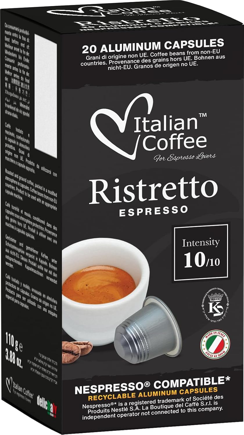 DELICITALY Pure Italian Food Italian Coffee pods compatible with Nespresso Original machines, Espresso capsules (100 Ristretto Aluminum Pods, 100 Count (Pack of 1))