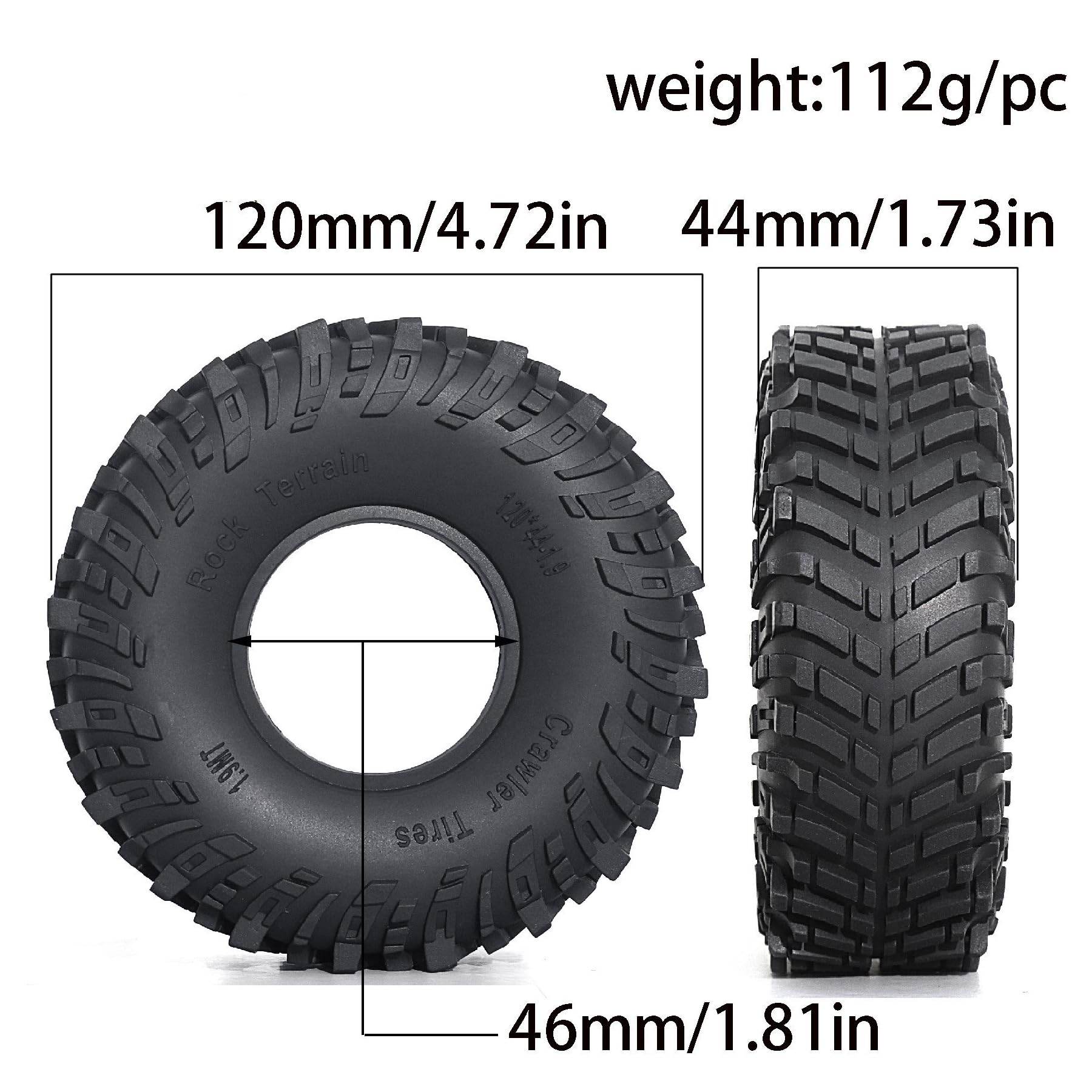 KINGCOO Pneumatici per auto RC, 4 pezzi, in gomma da 1,9 pollici, 120 x 44 mm, per scala 1:10, RC Rock Crawler, parti di aggiornamento per Axial SCX10 D90 TRX4 TRX6 RBX10 Tamiya Gen8 VS4-10 FCX10