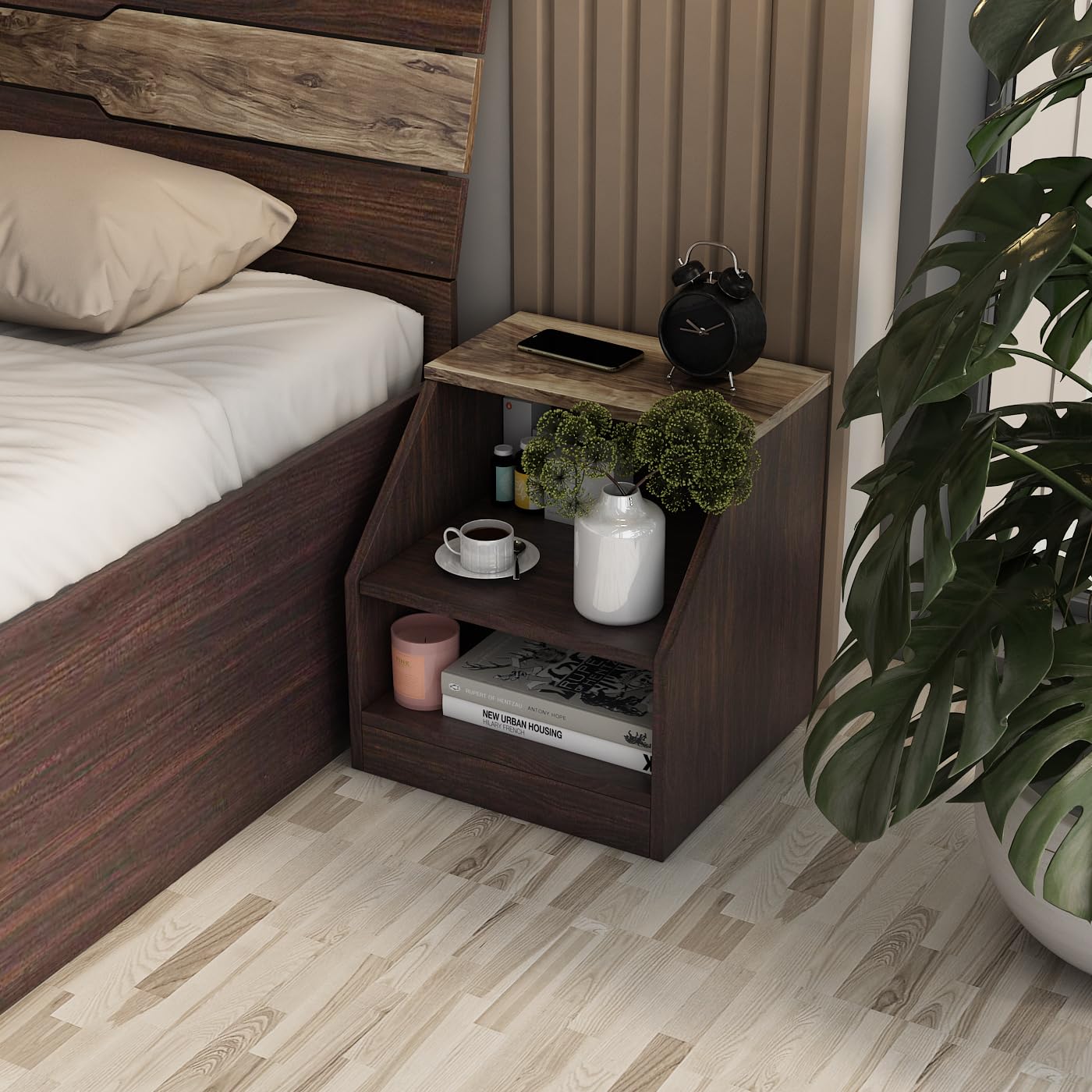 Blaze Bedside Table | Engineered Wood | Choco Walnut & Light Oak Finish, Melamine Coated, Knock Down, Open Storage-image-18