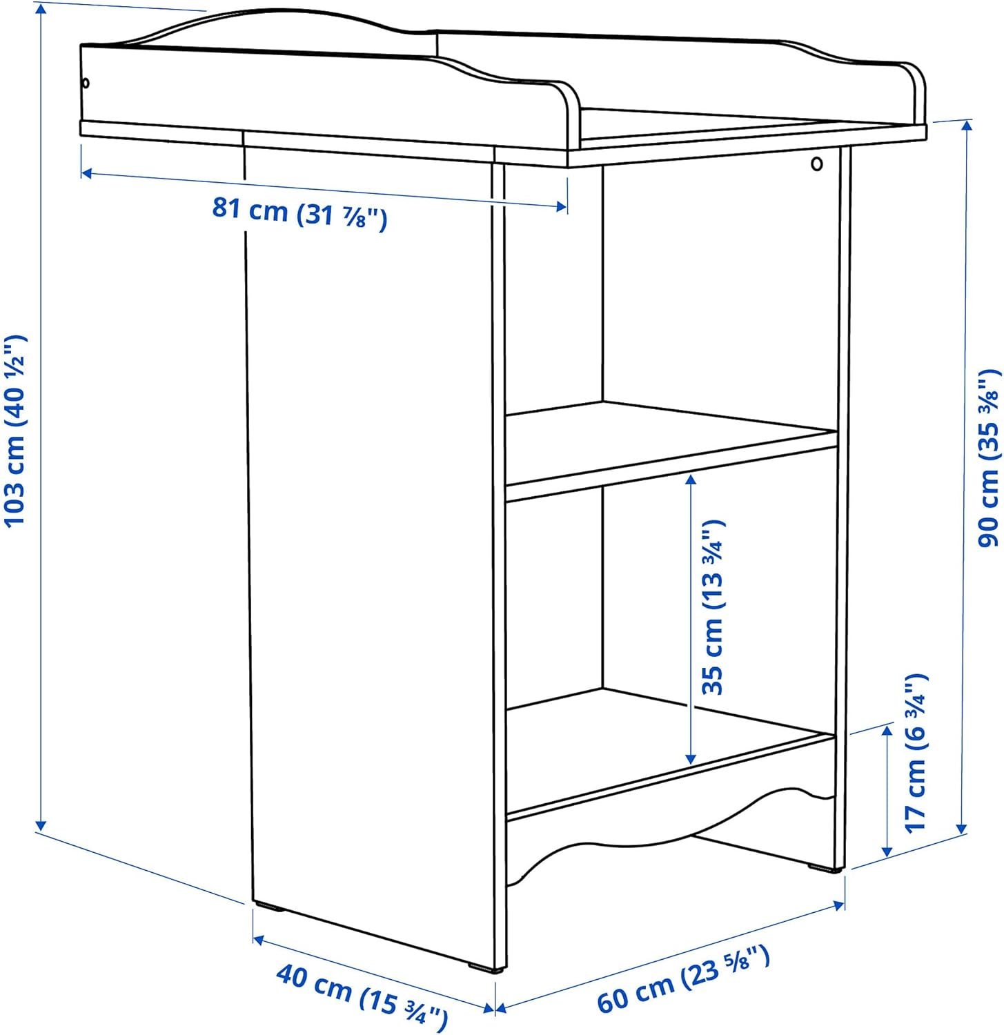 Technical drawing of IKEA SMÅGÖRA Changing Table with detailed dimensions in centimeters and inches.