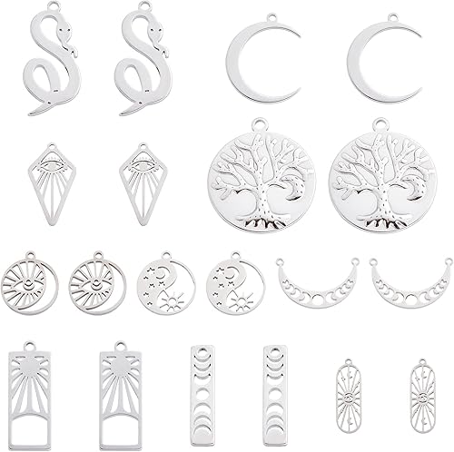 SUNNYCLUE 1 caja de 20 dijes estilo tarot árbol de la vida de la fase lunar de acero inoxidable con diseño de luna creciente ojo de serpiente,