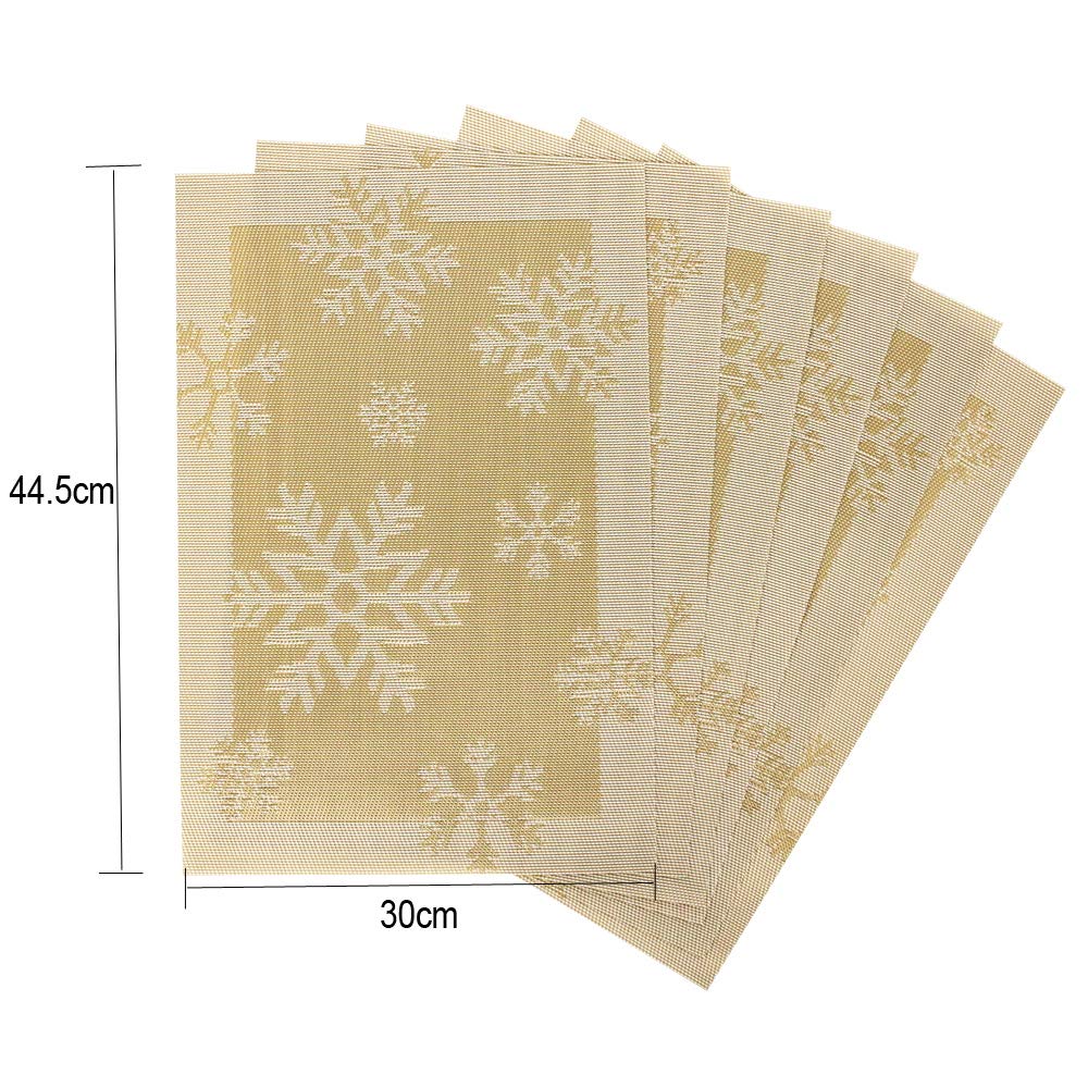 Time to Sparkle Set of 12 PCS Vinyl Woven 6pcs Placemats + 6pcs Coasters Place Mats Non slip Table Mats Waterproof Heat-resistant Dining Table Mats Decor(Gold Snowflake) - Image 3
