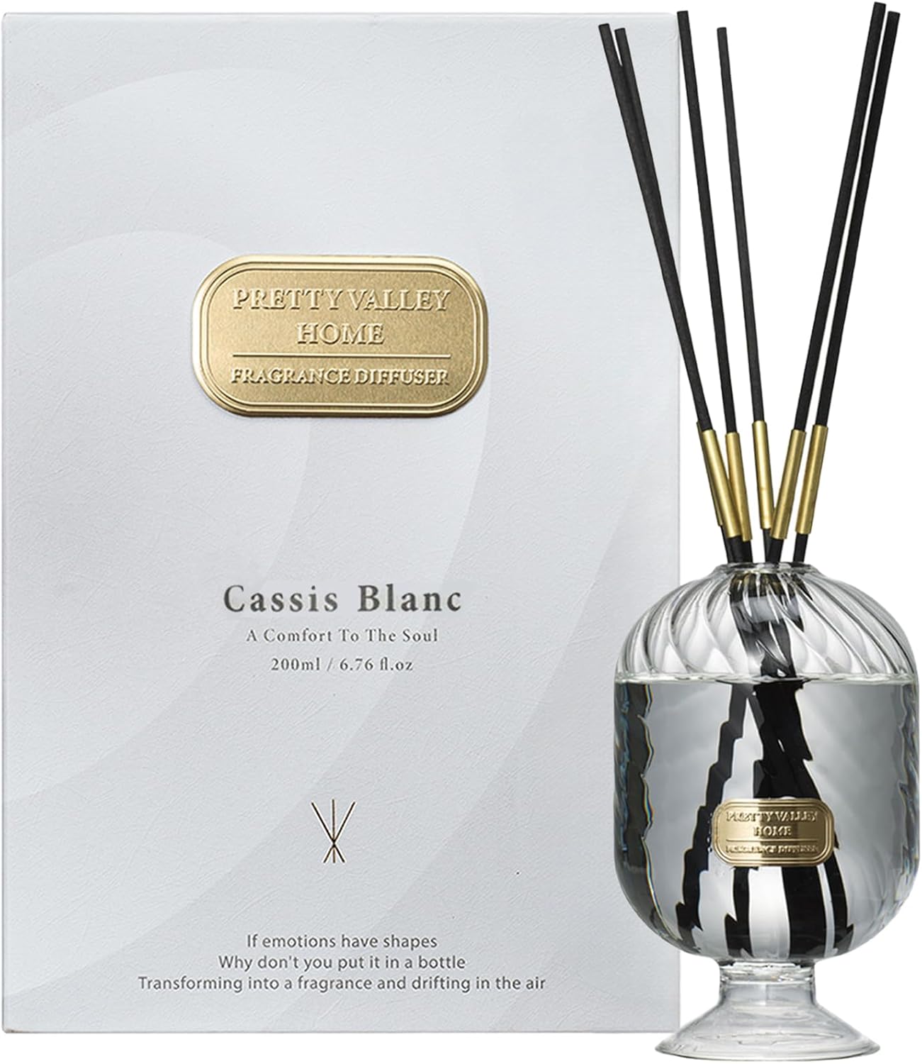 Reed Diffuser Set, Pretty Valley Home Diffuser 200Ml / 6.76 fl OZ Gift Box - Includes Reed Diffuser Sticks, Long Lasting Fragrance Oil and Glass Bottle for Office Living Room Decor (Cassis Blanc)