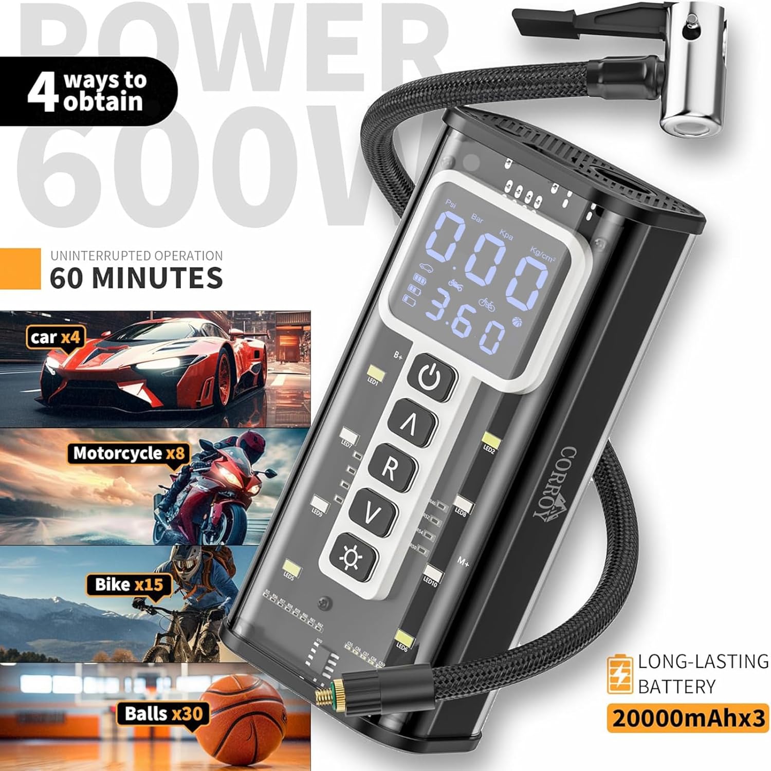 Tire Inflator Portable Air Compressor, 150PSI Cordless Tire Inflator with Digital Gauge and LED Light, Air Pump for Car Tires, Portable Air Compressor for Cars, Motorcycles, Bikes, Ball