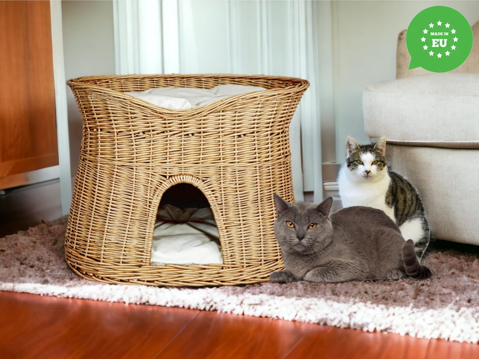 Kattenmand om te slapen – kattenhok indoor – maat L: 60 cm ovaal – kattenmand van wilgentenen – honden met twee verdiepingen – of kattenbed met wasbaar kussen in bruin – natuurlijke mandkleur