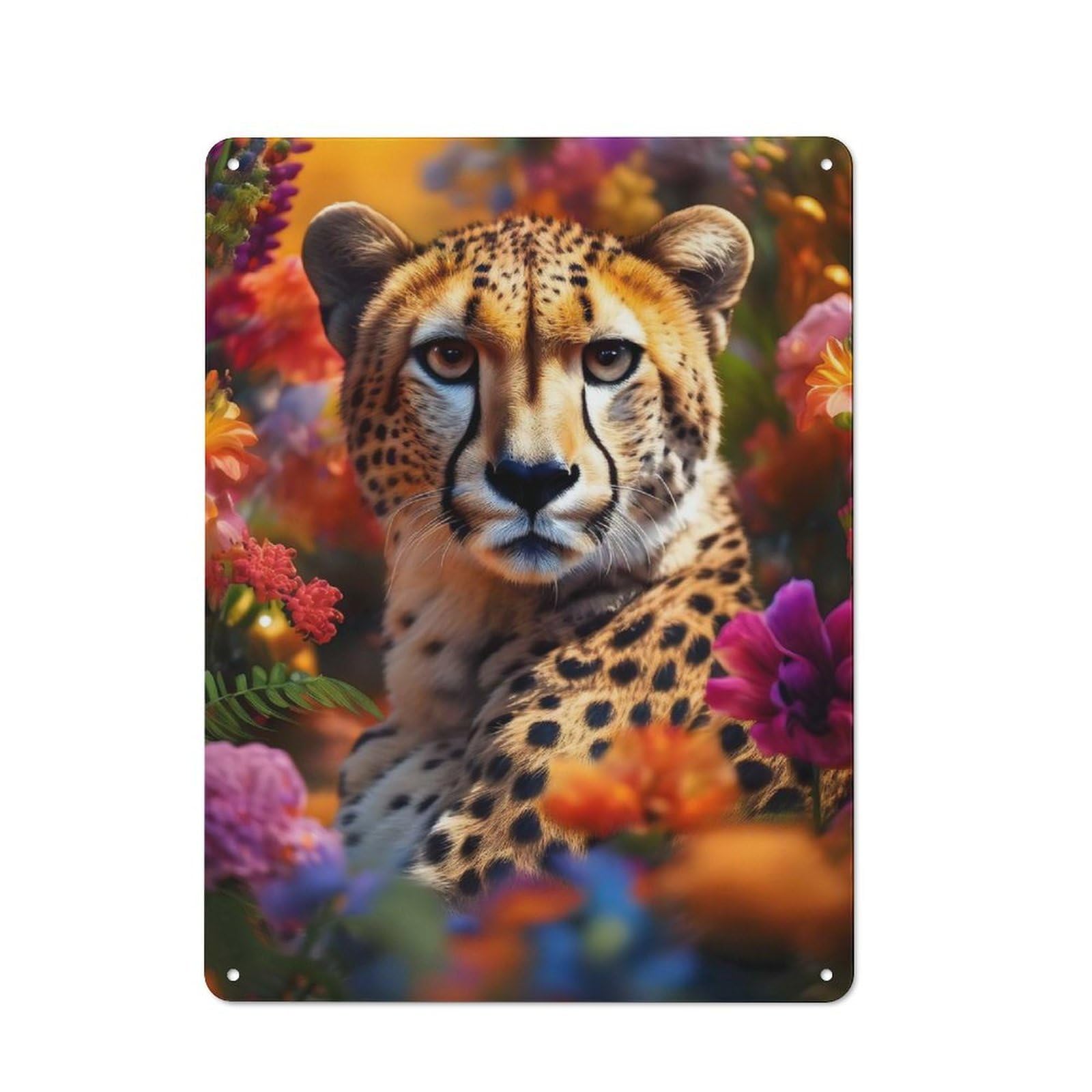 For Café Or Restaurant, Cheetah in Flowers Retro Metal Sign 40x30cm, Gift for Café Owners And Decorators during The Christmas Season