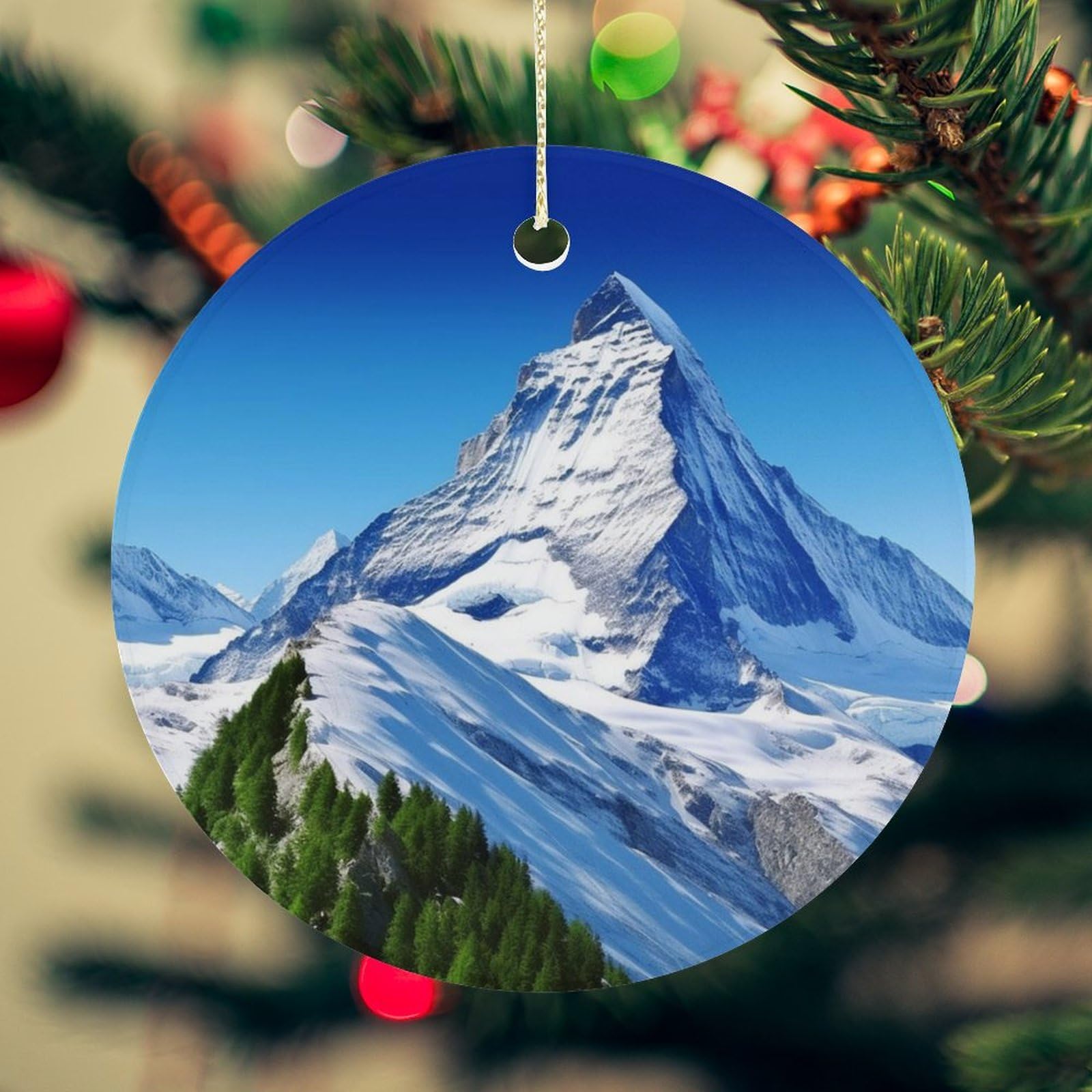 Beautiful Snow Mountain Christmas Ornament for Christmas Tree Ceramic Round Ornament Winter Holiday Keepsake Gift 2.7" Christmas Tree Hanging Decorations Circle Ceramic Pendant Xmas Gift