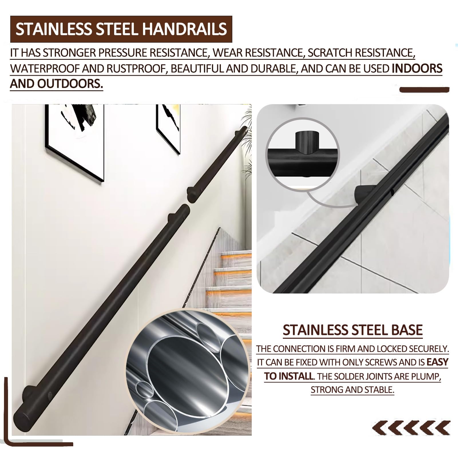 Edelstahl-Treppen-Set, 3,6 m, rutschfester Haltegriff für Treppen, mit Wandhalterungen und Metallschrauben