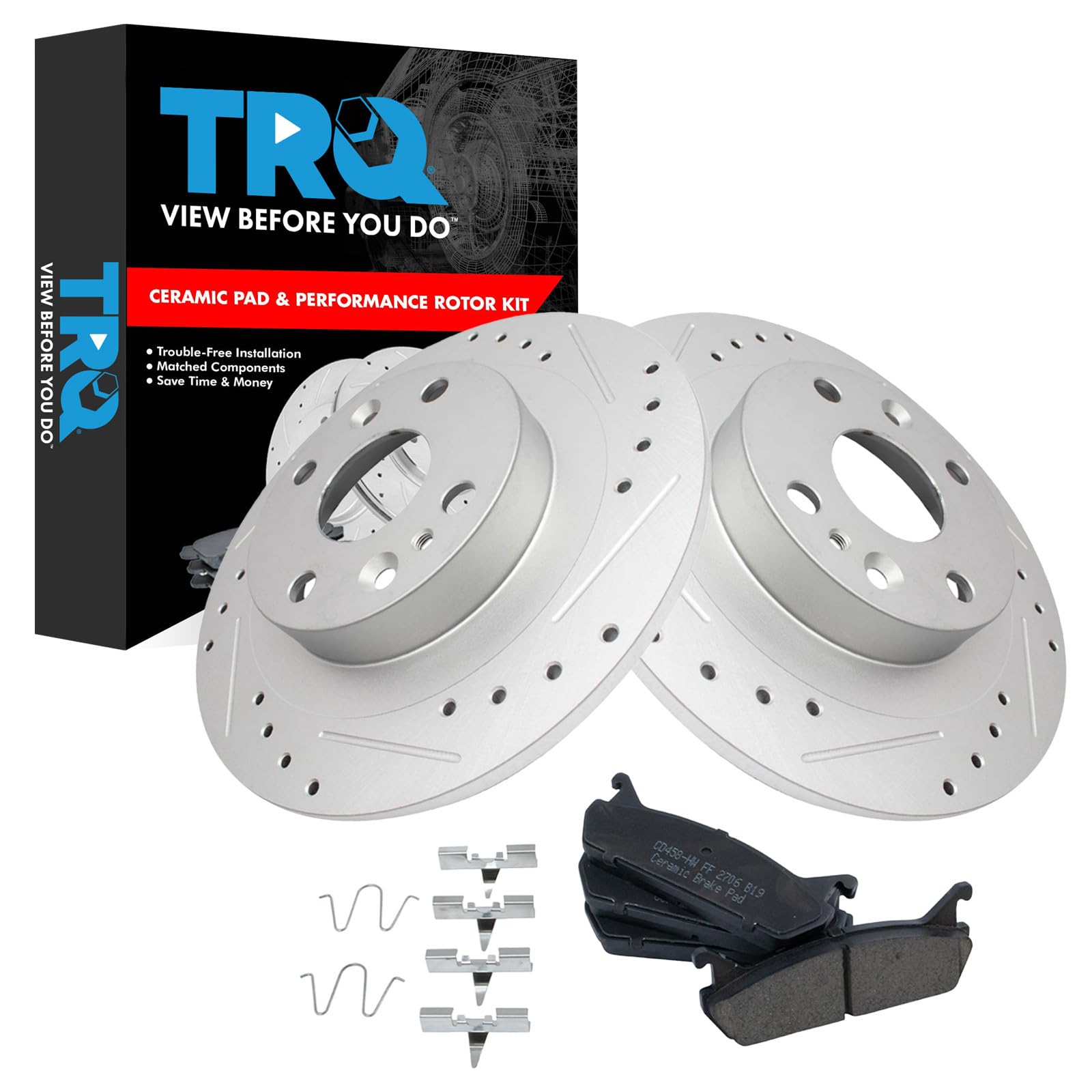 TRQ Performance Rear Brake Pad and Rotor Set Ceramic Coated Drilled Slotted Rotors Compatible with 1991-1996 Ford Escort Mercury Tracer 1990-1994 Mazda Protege