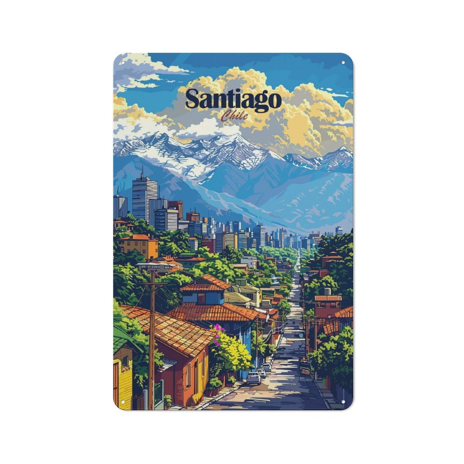 Santiago Chile Cityscape Illustration Farmhouse Metal Sign 30x20cm, Rustic Cottage Wall Art for Cottage, Kitchen, Hallway Or Breakfast Nook