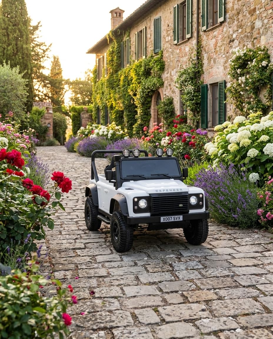 4x4 électrique enfants 12V Land Rover Defender 110 SVX, Blanche, transmission, batterie lithium, voiture électrique enfants télécommande 2,4 GHz, USB/Aux/Bluetooth, phares LED, 3-7 ans, 4x 25 W moteur