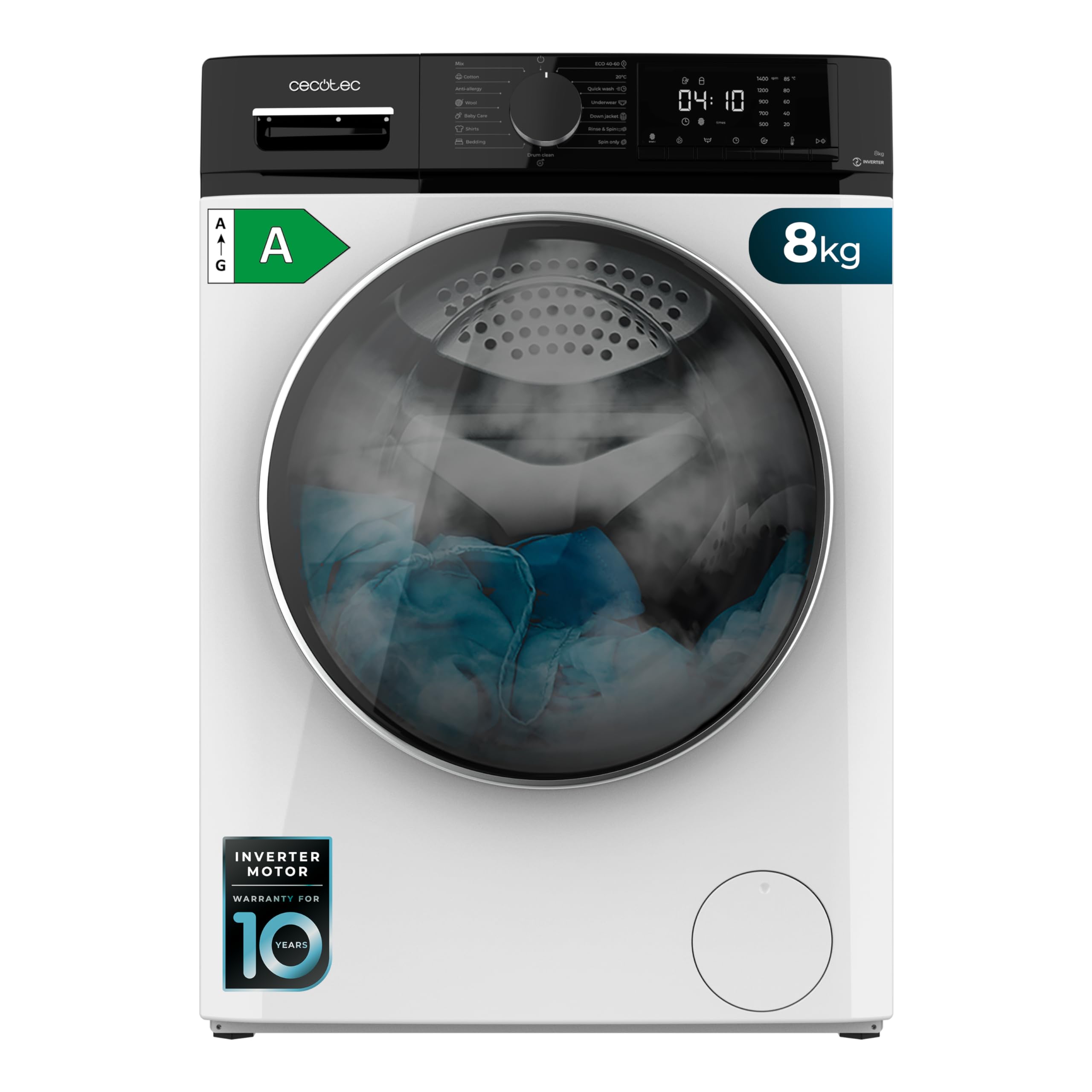 Cecotec Lavadora de Carga Frontal 8 Kg Bolero Dresscode 8610 Inverter A, 8 Kg de Capacidad, 1400 Rpm, Clase A, Función Con Vapor, Motor Inverter Plus, 15 Programas, Optimiza Nivel de Agua y Lavado Etiqueta Energética