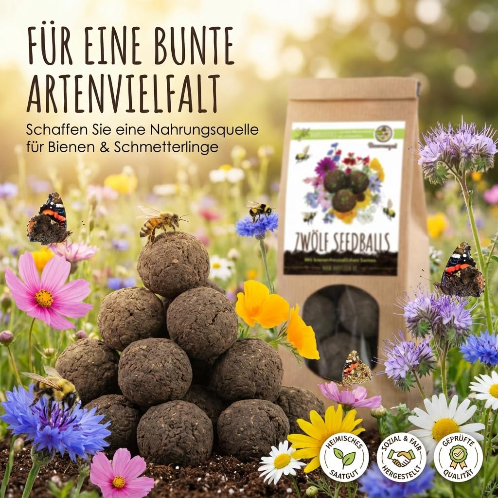12x Bombas de semillas para un colorido pasto de abejas - Semillas de flores silvestres coloridas y ricas en néctar para abejas y mariposas