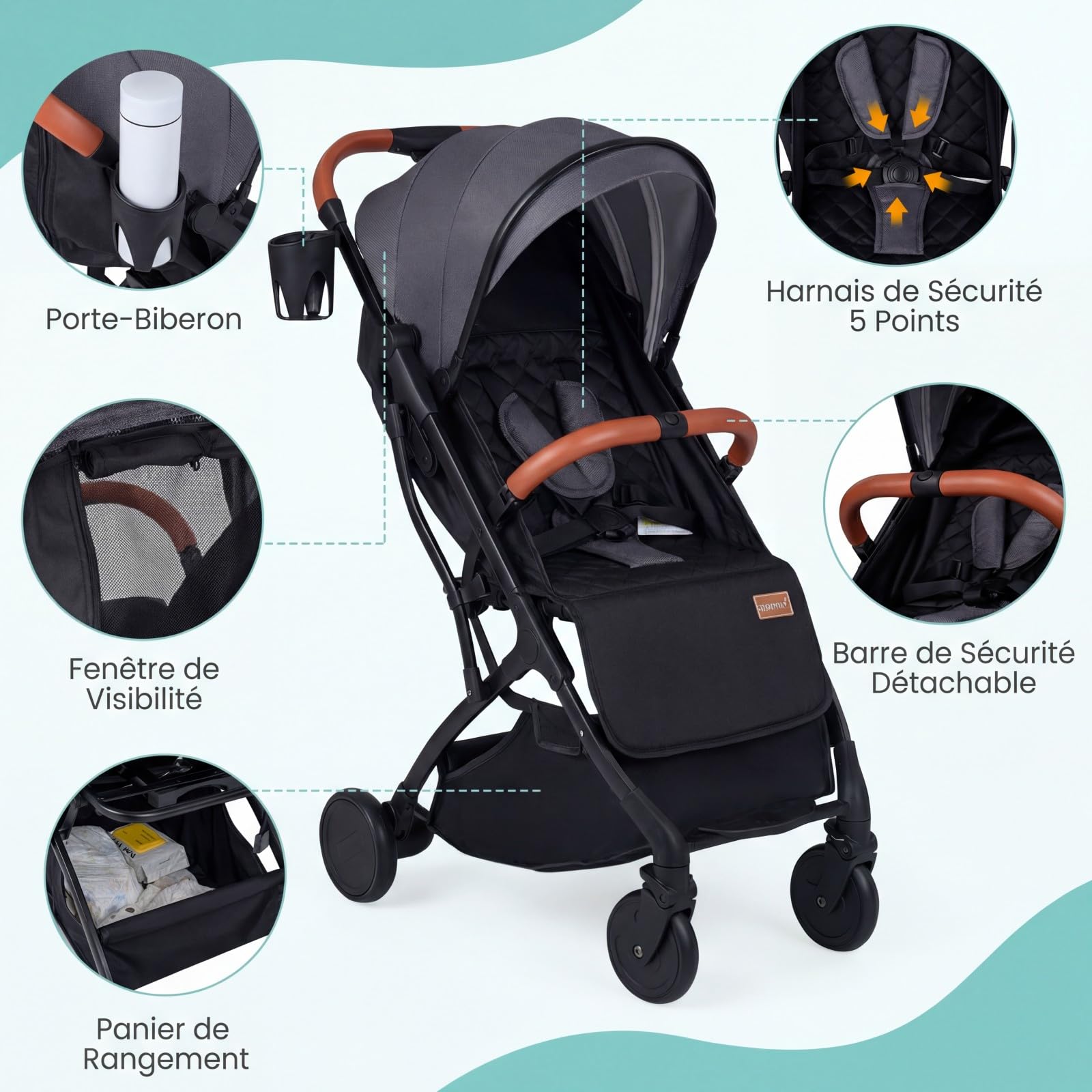 COSTWAY Poussette Canne Bébé avec Capote Réglable & Dossier Inclinable, Poussette Compacte Pliable à une Main, avec Harnais 5 Points, Grand Panier, Porte-Gobelet, Housse Pluie, 0-3 Ans, 15 kg (Gris)