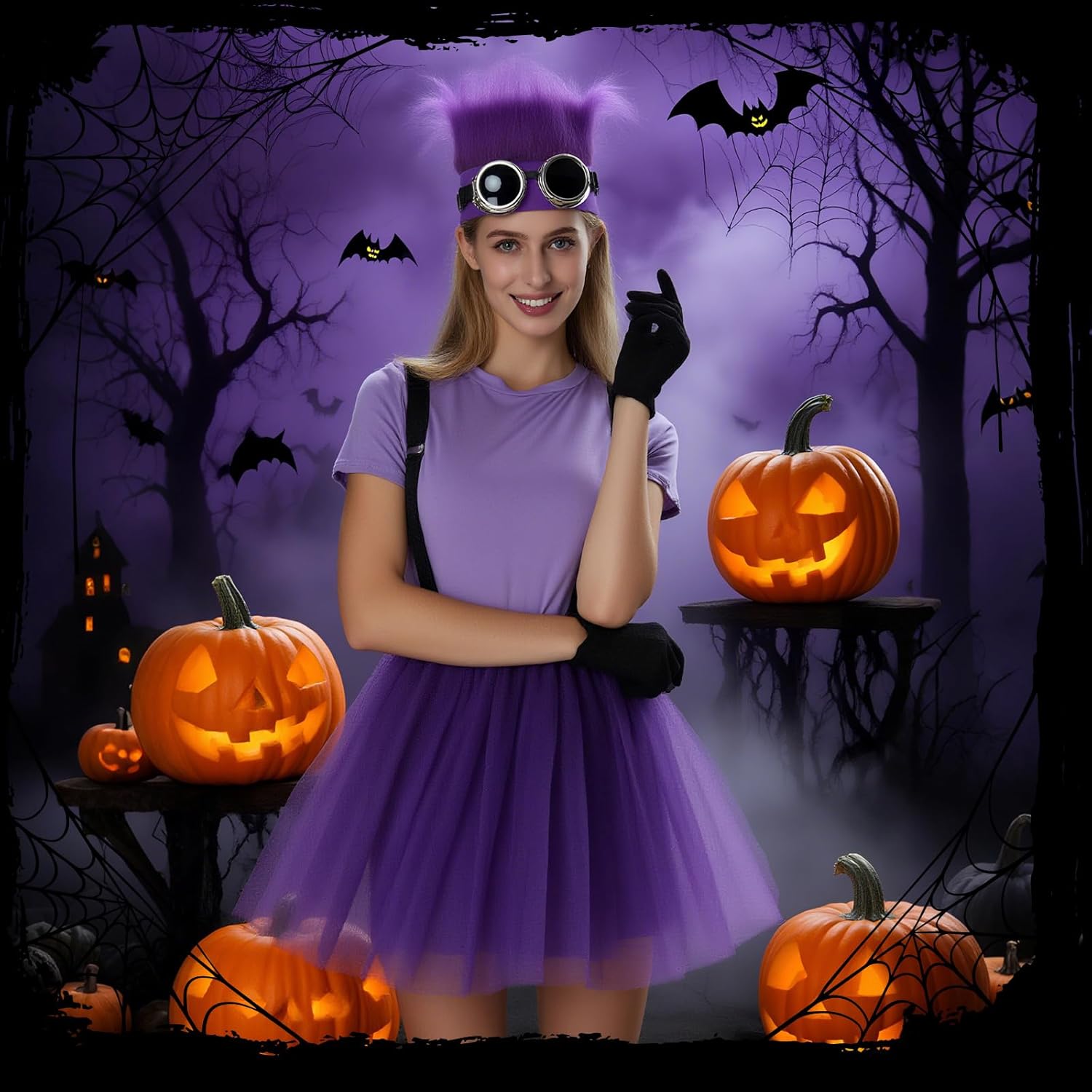 6 Pcs Purple Halloween Costume Accessories Women Adult Cosplay Party Set with Wig Headband Goggles Glasses Tutu - Image 5