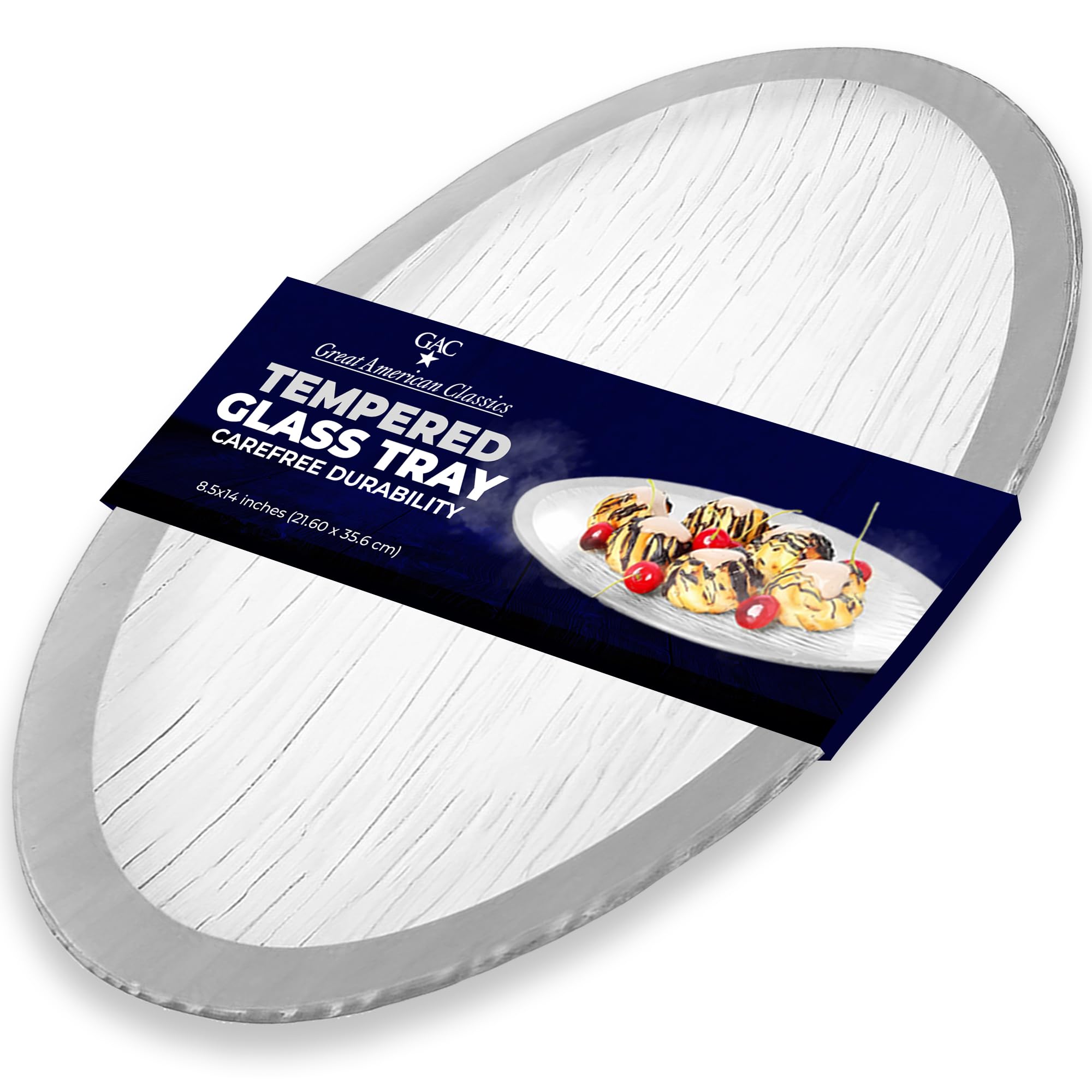 Tempered Glass Oval Meat Serving Tray – Durable Food Platter for Serving Dishes, Party Trays and Platters, Microwave Oven & Dishwasher Safe Decorative Tray – 8.5 x 14 Inch, Silver