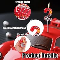 Vista 4 de Vela de cumpleaños con temática de autos de carreras, vela con número de auto de carreras, rueda a cuadros rojos, negros y blancos, decoración