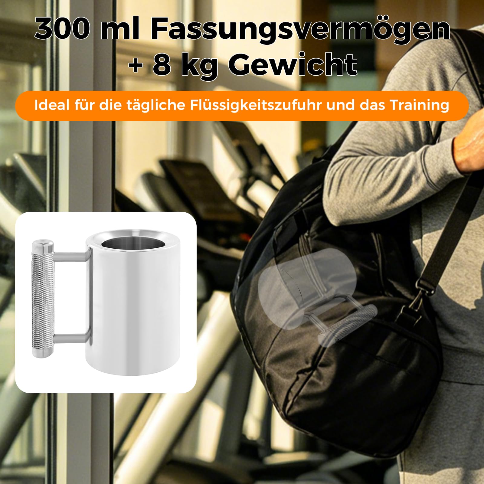 8kg Edelstahlbecher 300ml Hantel-Schwerer Beche mit Handle, Kurzhantel-Kaffeetasse Fitness-Trinkflasche für Fitnessstudios, Büros, Wohnzimmer