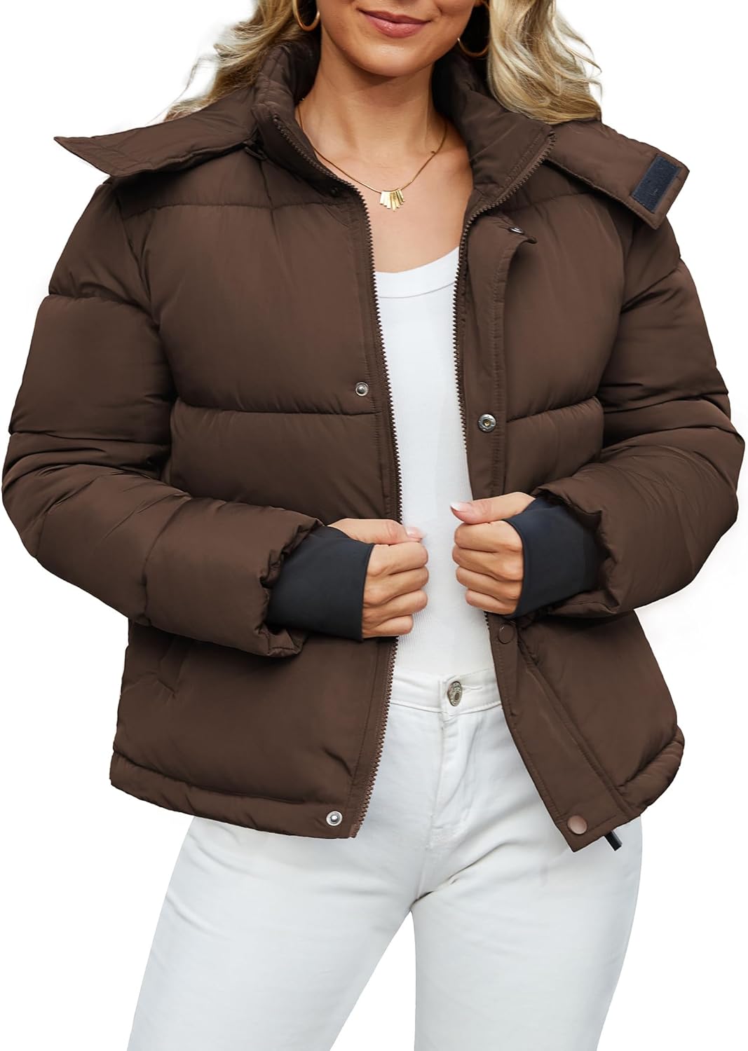 Funlingo Women's Cropped Puffer Jacket with Removable Hood Winter Zip Up Snap Button Warm Trendy Quilted Coat