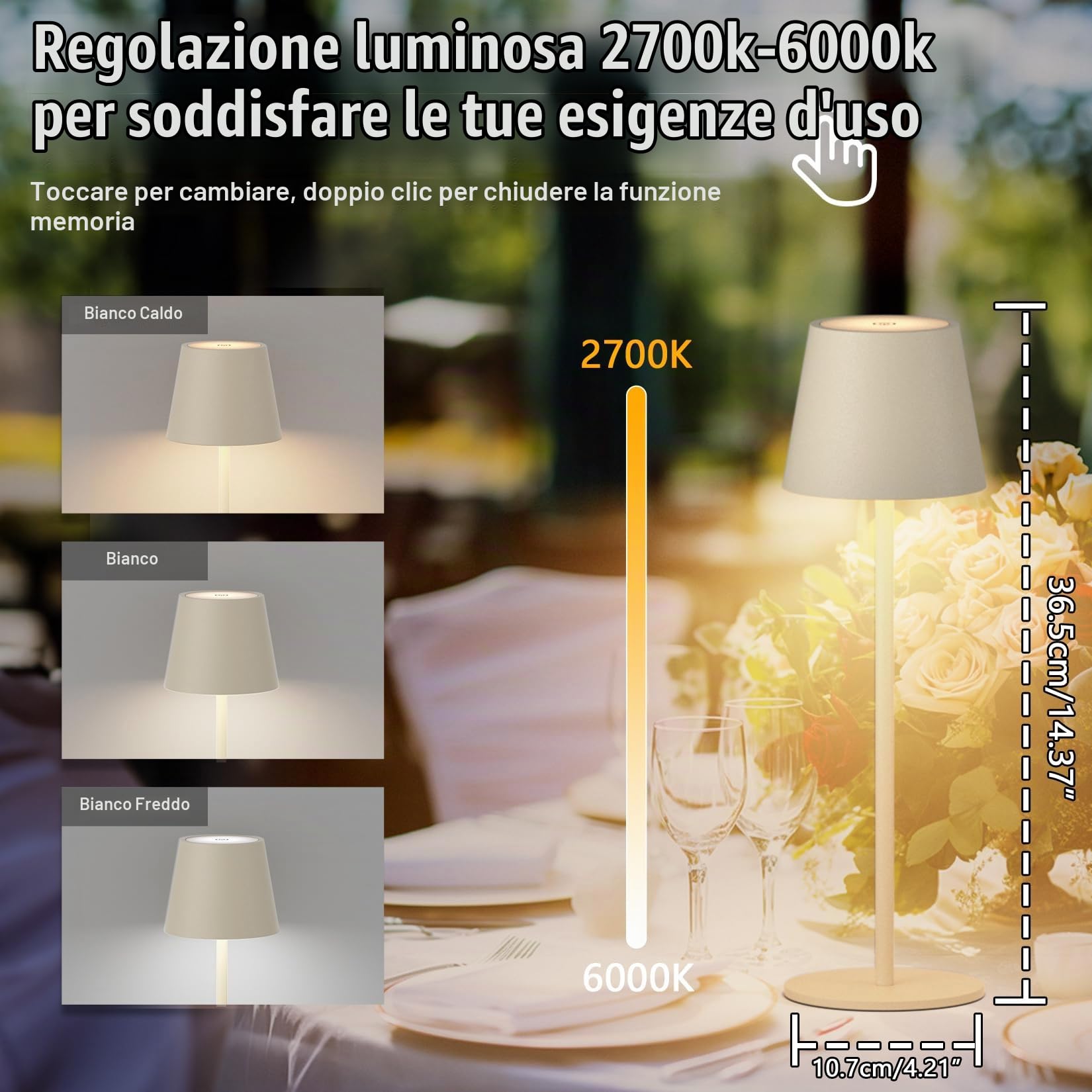 Aipsun 2 pezzi lampada da tavolo ricaricabile a led dimmerabile beige | 6000mAh,36.5CM,ricaricabile in alluminio bianco caldo (2700k-6000k) IP54 per camera da letto, bar, campeggio