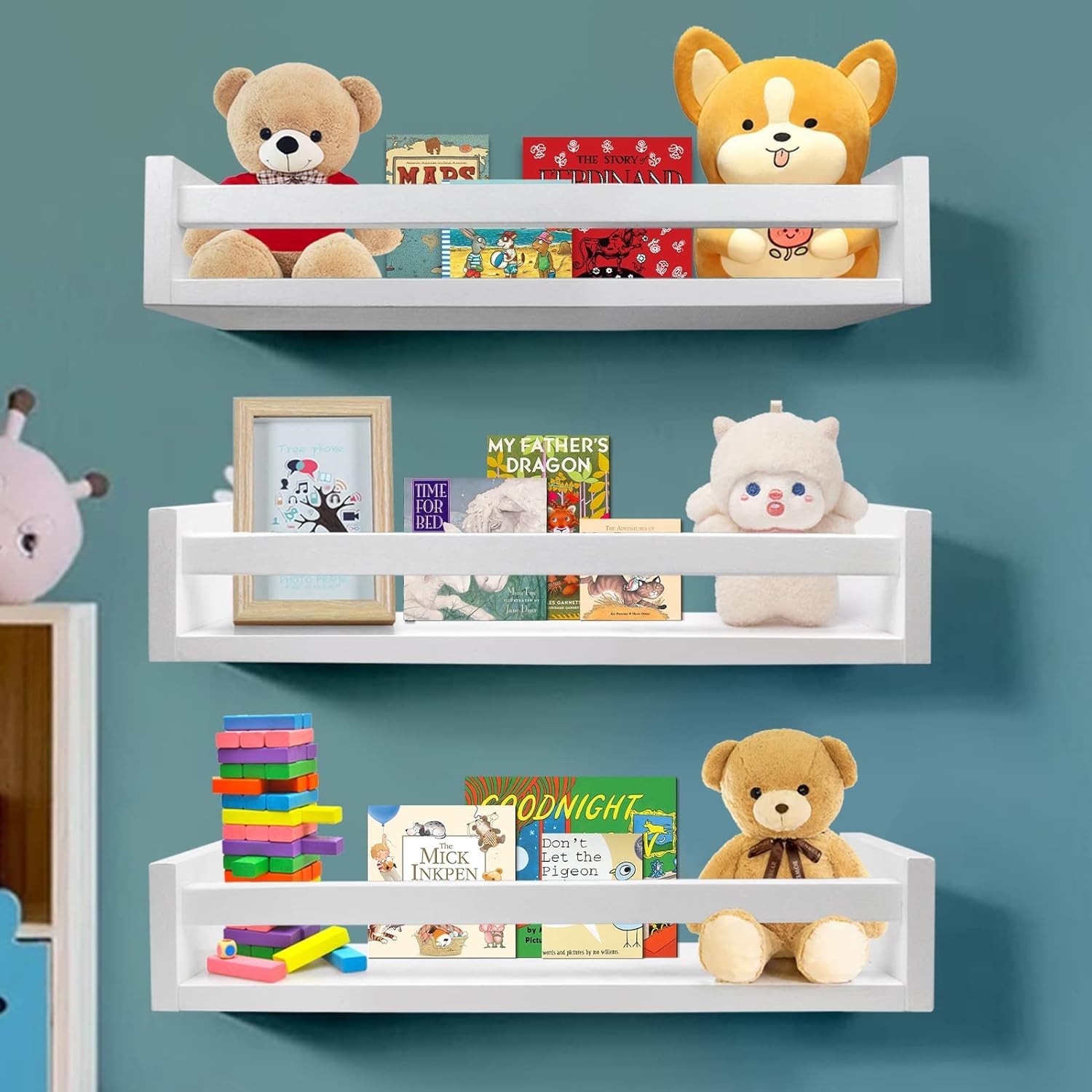 WooDinzo Engineered Wood Floating Bookshelf 24 Inches Set Of 3,Wall Mounted Nursery Book Shelves For Bathroom Decor,Kids Room,Kitchen Spice Rack,Book Shelf,White