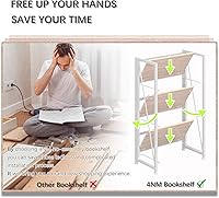 Vista 6 de 4NM No Assembly Folding Bookshelf Storage Shelves 3 Tiers Vintage Bookcase Standing Racks Study Organizer Home Office (Natural White)