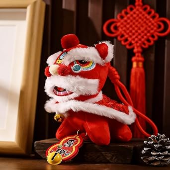 Lion Dance Keychain - Cute Chinese Style Traditional Cartoon Lion Dance Plush Keychain Bag Charm & Pendant