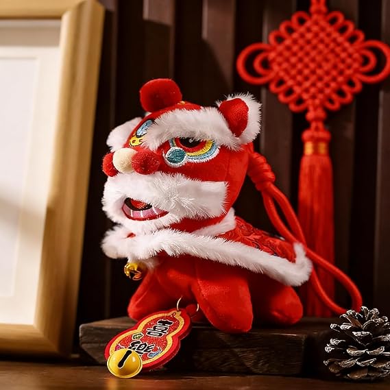 Lion Dance Keychain - Cute Chinese Style Traditional Cartoon Lion Dance Plush Keychain Bag Charm & Pendant