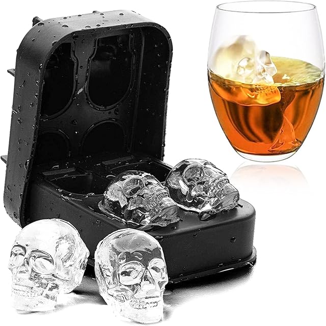 WOSO 3D Skull Shape Black BPA Free Silicone Ice Cube Mold Tray with Lid Makes 4 Vivid Skulls, Perfect for Whiskey, Cocktail and Any Drink