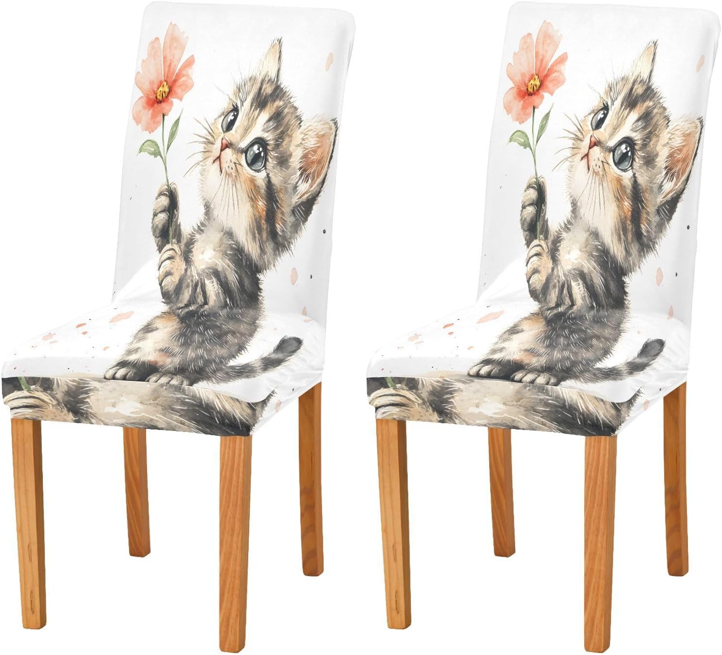 ALAZA Chair Covers for Dining Room, Flower Cat Watercolor Stretch Chair Cover Sets Chair Protector Removable Washable for Ktichen Restaurant Hotel