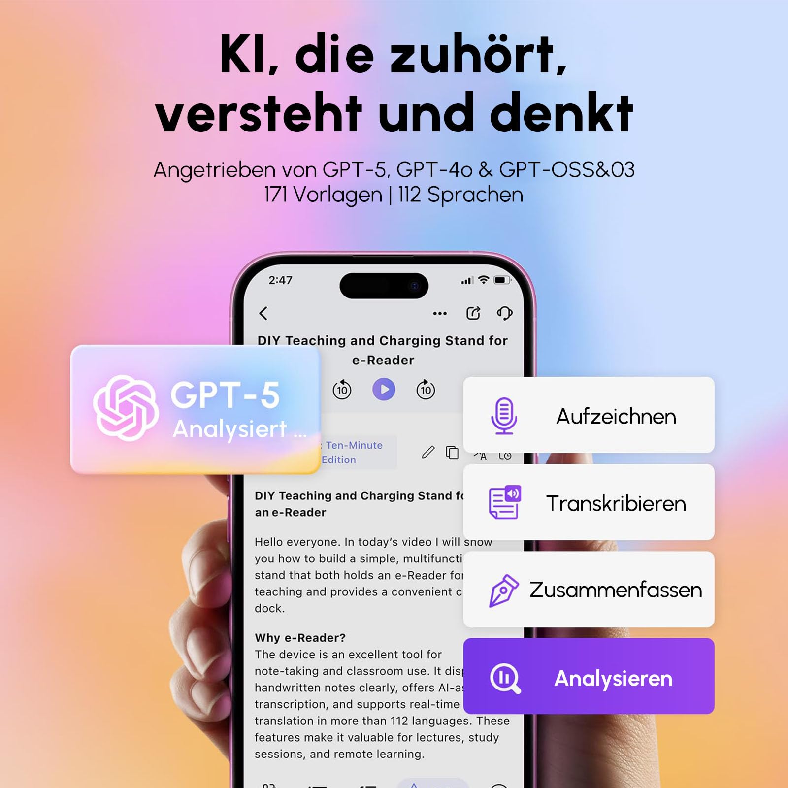 KI Diktiergerät mit Hülle – 64 GB, anskription & Zusammenfassung mit 71 Vorlagen, KI-Analyse, 112 Sprachen, für Meetings & Vorträge